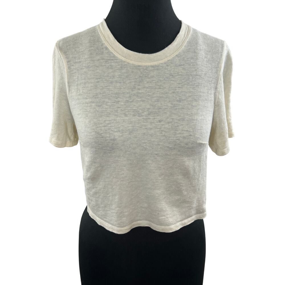 Uniforme Cream Round Neck Short Sleeve Cropped German Organic Linen Top Size S